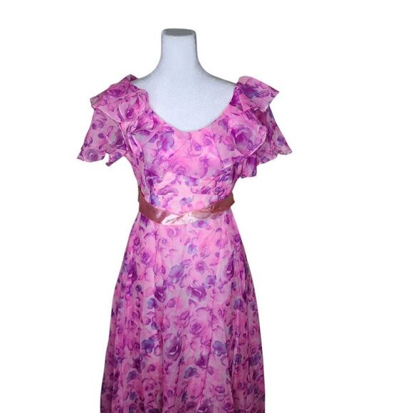 Vintage 70s Flutter Sleeve Empire Waist Maxi Dress Floral Womens M Pink - Picture 2 of 5